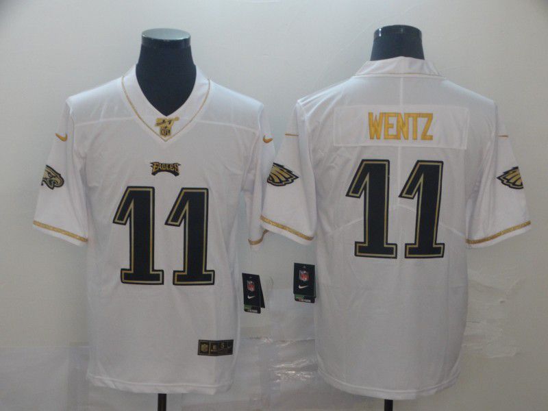 Men Philadelphia Eagles #11 Wentz White Retro gold character Nike NFL Jerseys